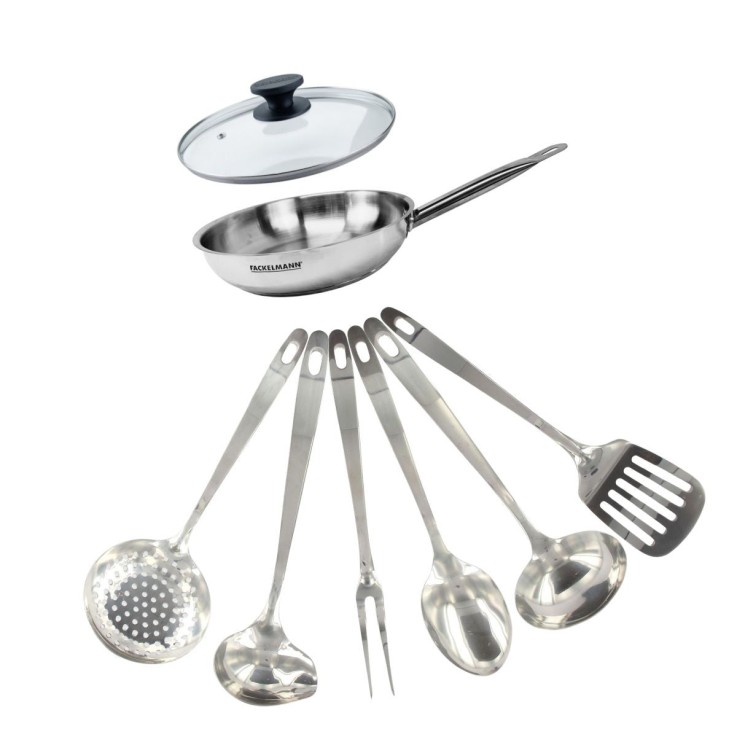 Set poêle 20 cm en inox, couvercle verre et 6 ustensiles inox Fackelmann Eterna
