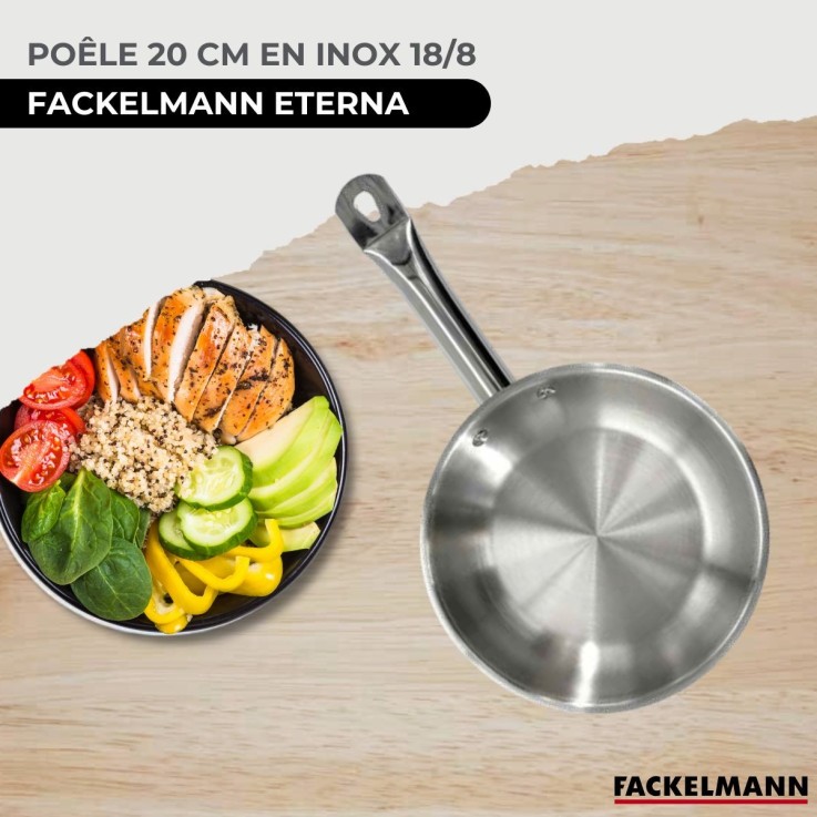 Set poêle 20 cm en inox, couvercle verre et 6 ustensiles inox Fackelmann Eterna