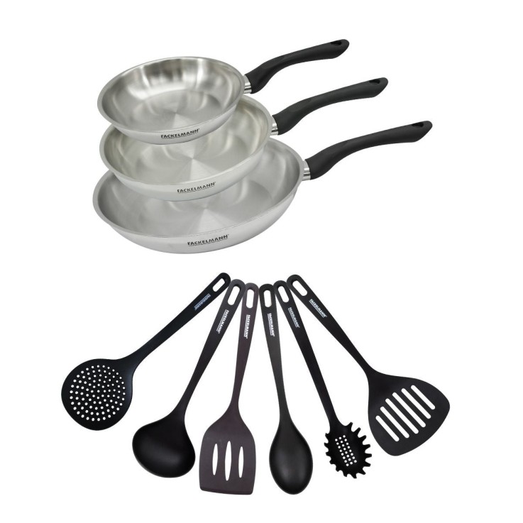 Set 3 poêles 20 24 et 28 cm en inox et 6 ustensiles Fackelmann Geneva