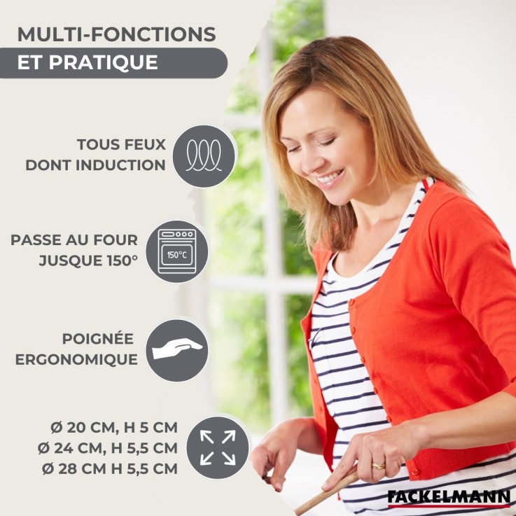 Set 3 poêles 20 24 et 28 cm en inox et 6 ustensiles Fackelmann Geneva