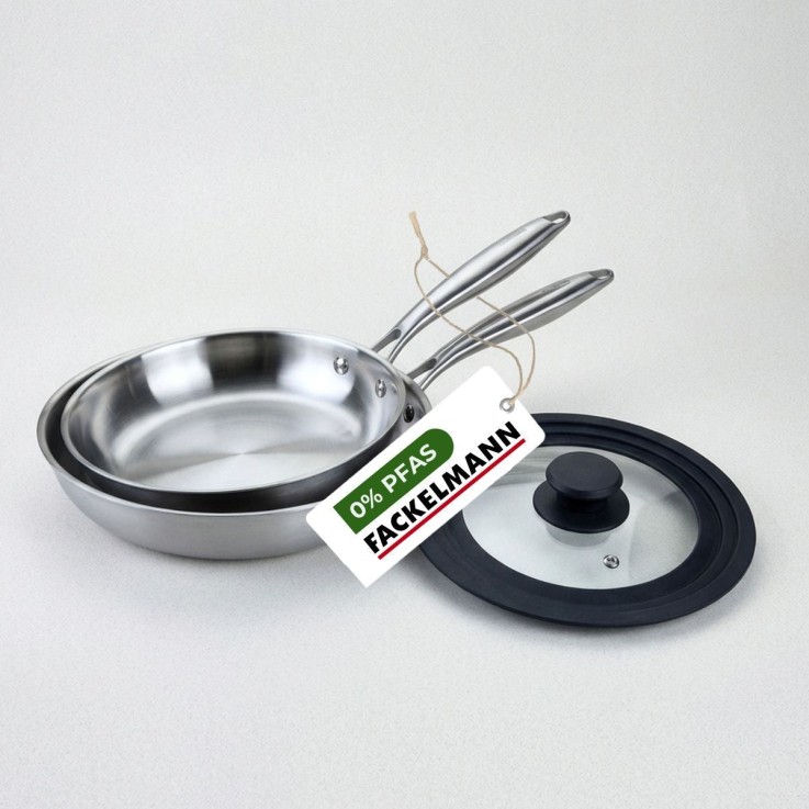 2 poêles 24 cm et 28 cm inox 18/10 Triply et couvercle Fackelmann Vita3