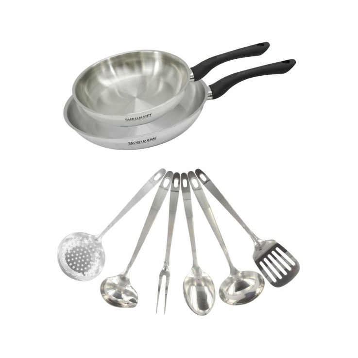 Set 2 poêles 24 et 28 cm en inox et 6 ustensiles inox Fackelmann Geneva