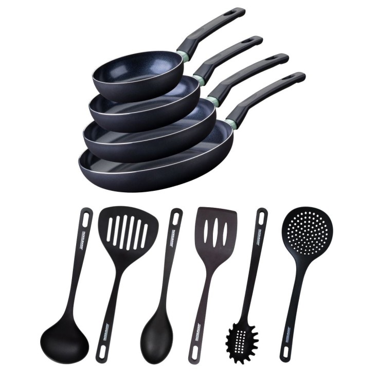 Ensemble de 4 poêles de 16 20 24 et 28 cm et 6 ustensiles Fackelmann Brandao