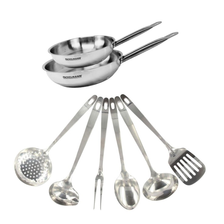 Set de 2 poêles de 20 et 24 cm en inox et 6 ustensiles inox Fackelmann Eterna