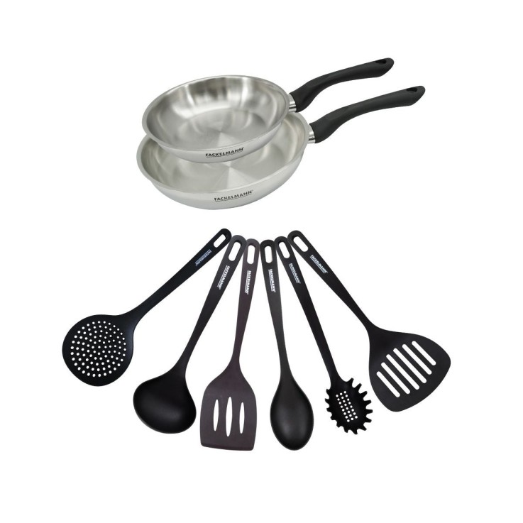 Set 2 poêles 20 et 24 cm en inox et 6 ustensiles Fackelmann Geneva