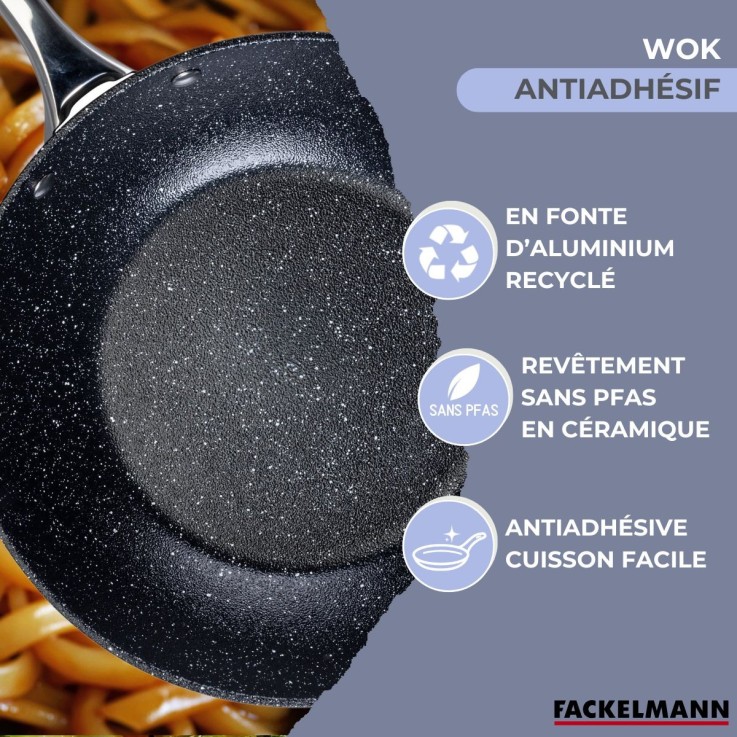 Wok 28 cm fonte aluminium revêtement antiadhésif céramique sans PFAS Fackelmann
