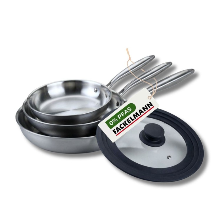 3 poêles 24 26 cm et 28 cm inox 18/10 Triply et couvercle Fackelmann Vita3