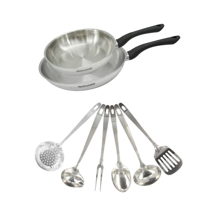 Set 2 poêles 20 et 28 cm en inox et 6 ustensiles inox Fackelmann Geneva