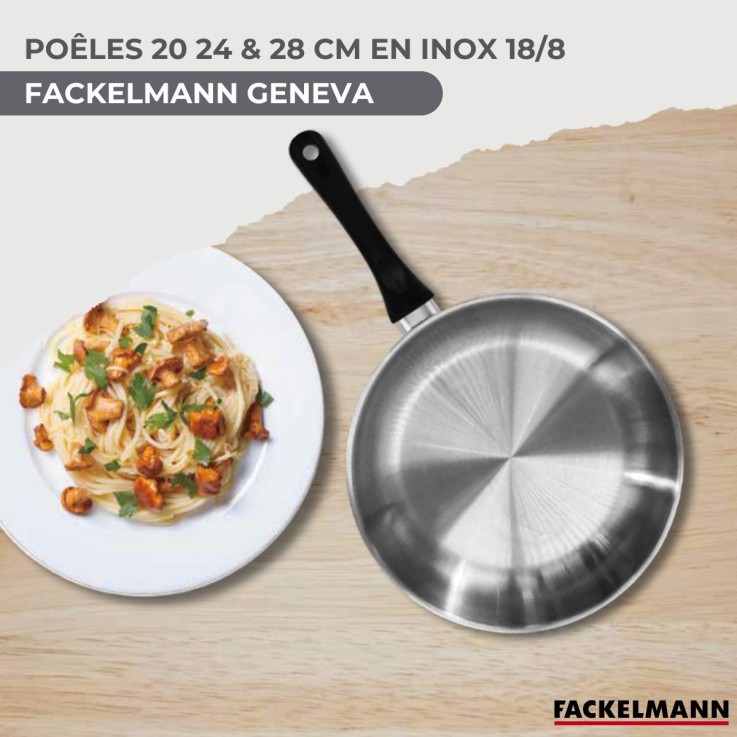 Set 3 poêles 20 24 et 28 cm en inox et 6 ustensiles inox Fackelmann Geneva