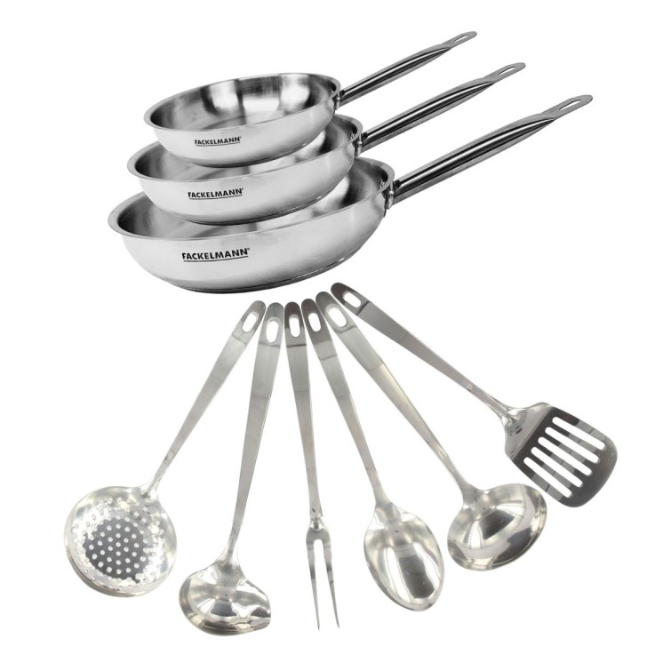 Set de 3 poêles de 20, 24 et 28 cm en inox et 6 ustensiles inox Fackelmann Eterna