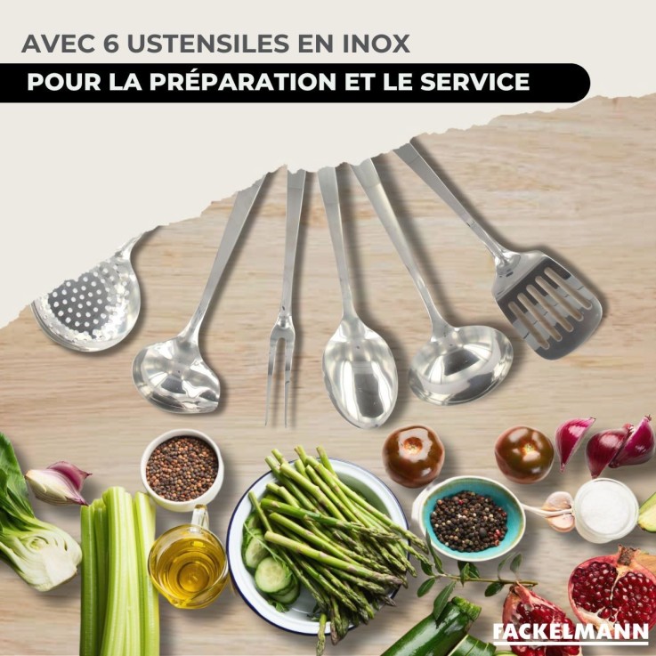 Set de 3 poêles de 20, 24 et 28 cm en inox et 6 ustensiles inox Fackelmann Eterna