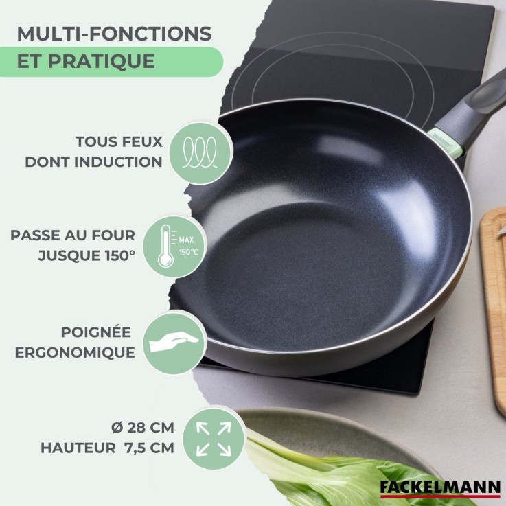 Wok 28 cm aluminium revêtement céramique antiadhésif sans PFAS Fackelmann Brandao