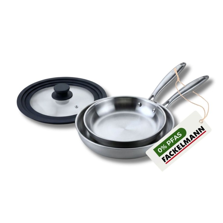 2 poêles 24 cm et 26 cm inox 18/10 Triply et couvercle Fackelmann Vita3