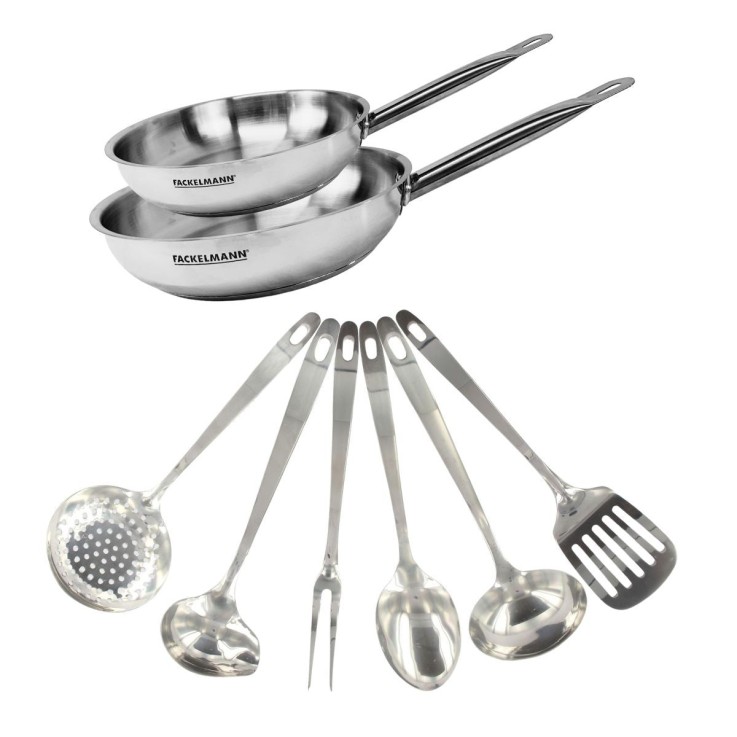 Set de 2 poêles de 24 et 28 cm en inox et 6 ustensiles inox Fackelmann Eterna