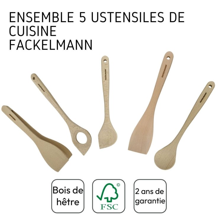 Ensemble de pince, spatule et cuillères en bois FSC Fackelmann Nature