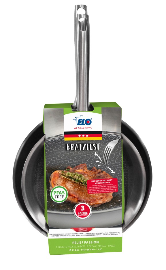 Set de 2 poêles 24 et 28 cm en acier inoxydable et revêtement sans PFAS Elo Relief Passion