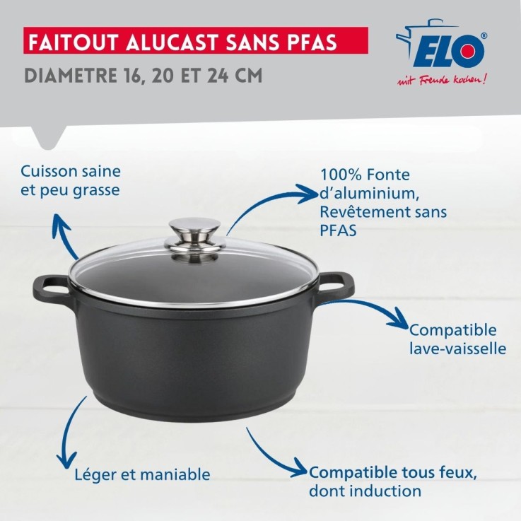 Set de 3 faitouts 16 cm 20 cm et 24 cm sans PFAS avec couvercles en verre Elo Alucast
