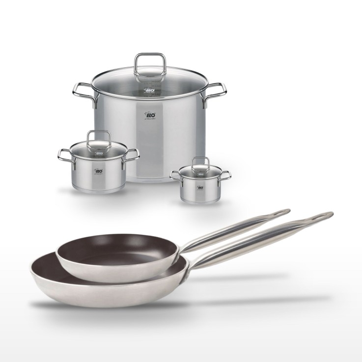 Lot de 2 Poêles 24/28 cm avec revêtement céramique sans PFAS et 3 Faitouts 12/16/26 cm Elo Bistro Line Citrin