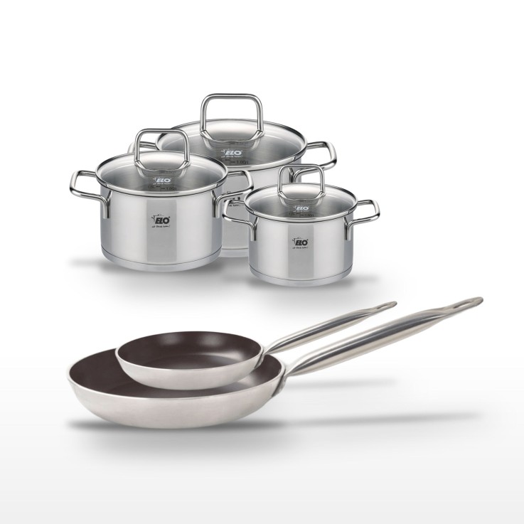 Lot Poêles 24/32 cm avec revêtement céramique sans PFAS & Faitouts 12/14/16 cm Elo Bistro Line