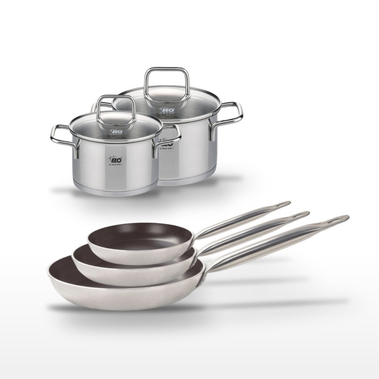 Lot de 3 Poêles 24/28/32 cm céramique sans PFAS Elo Bistro Line et 2 Faitouts en inox Elo Citrin