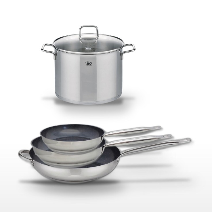 Lot de 3 Poêles céramique sans PFAS 24/28/32 cm Elo Profi Therm Platinum et Faitout 26 cm Elo Citrin