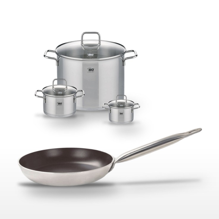 Lot Poêle 24 cm avec revêtement céramique sans PFAS & 3 Faitouts 12/16/26 cm Elo Bistro Line Citrin