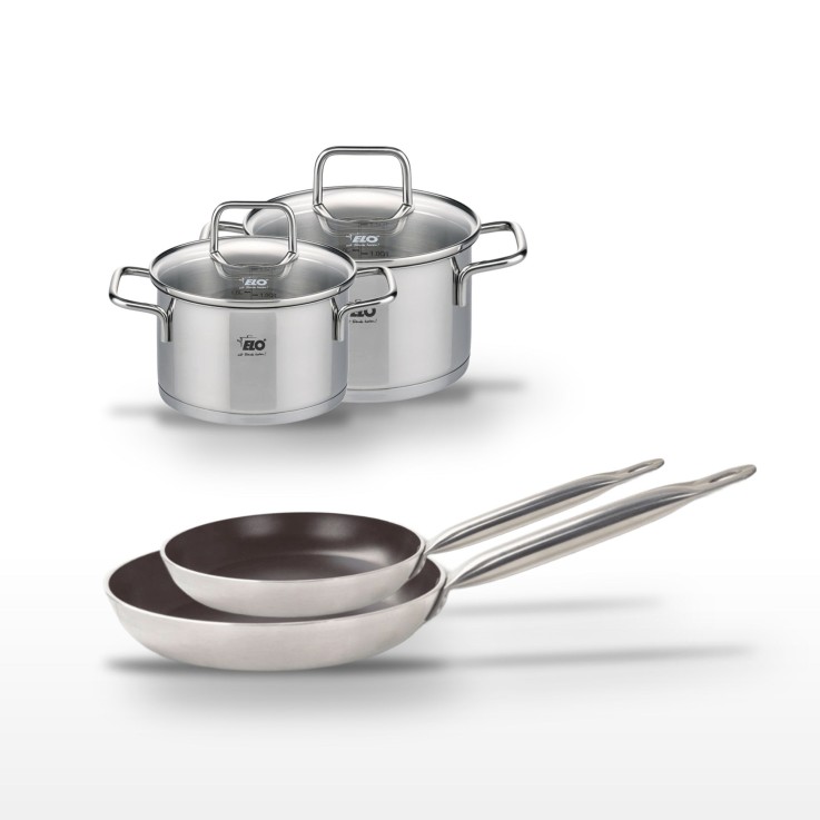 Lot Poêles 24/28 cm avec revêtement céramique sans PFAS & Faitouts 14/16 cm Elo Bistro Line Citrin