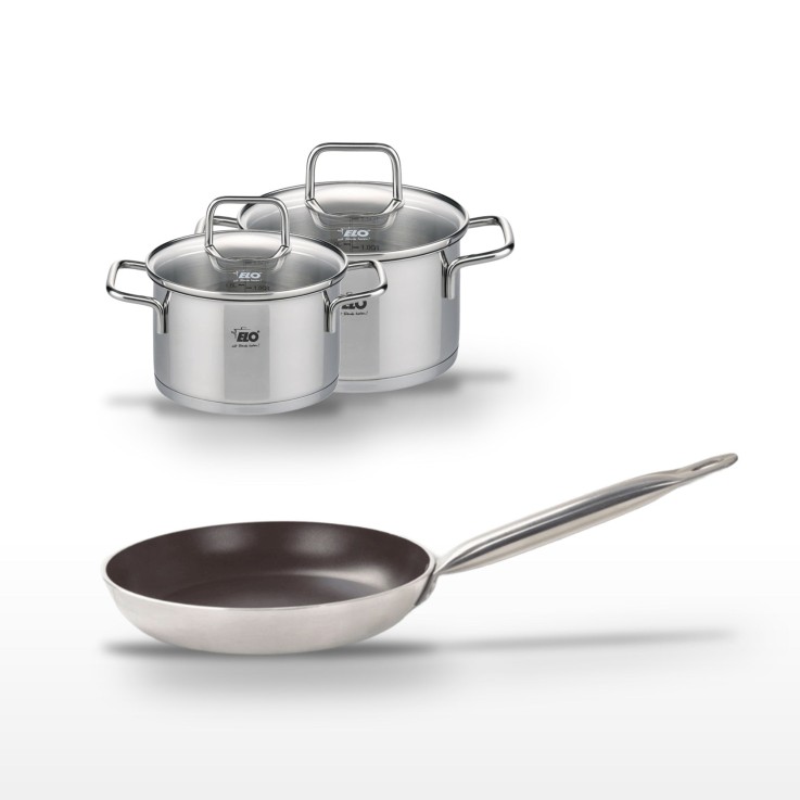 Lot Poêle 28 cm avec revêtement céramique sans PFAS & 2 Faitouts 14/16 cm Elo Bistro Line Citrin