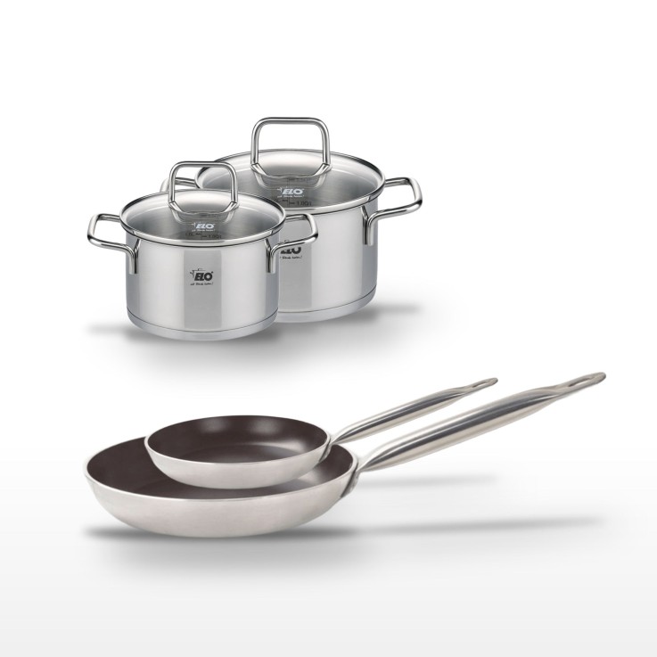 Lot 2 Poêles 24/32cm avec revêtement céramique sans PFAS & 2 Faitouts 14/16cm Elo Bistro Line Citrin