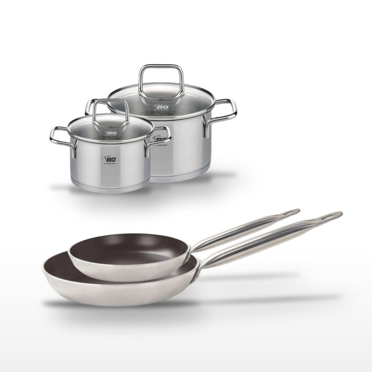 Lot de 2 Poêles 24/28 cm avec revêtement céramique sans PFAS & 2 Faitouts 16/20 cm Elo Bistro Line Citrin