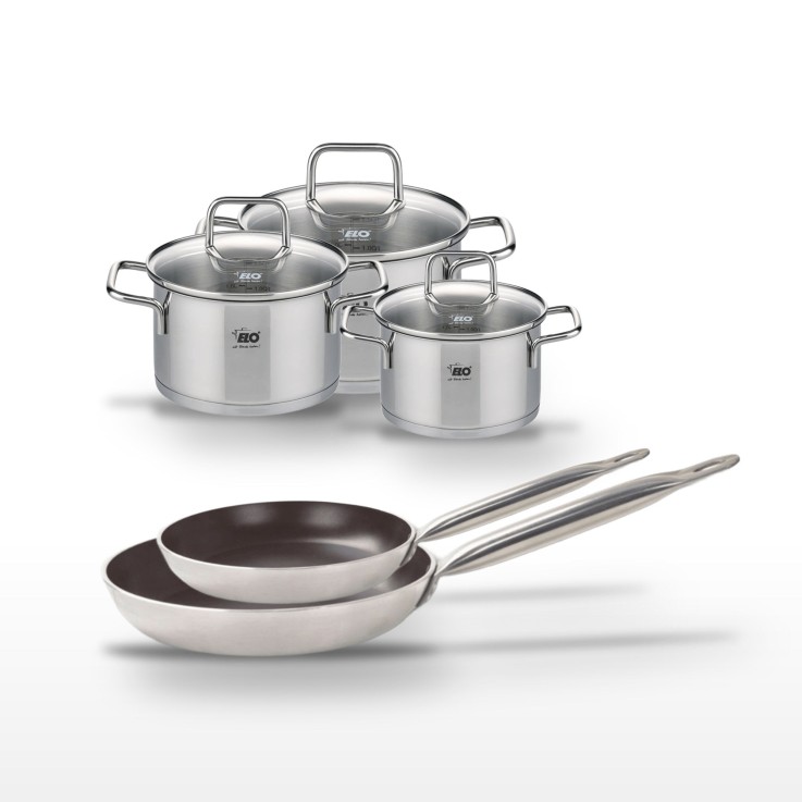 Lot de 2 Poêles 24/28 cm avec revêtement céramique sans PFAS & 3 Faitouts 12/14/16 cm Elo Bistro Line Citrin