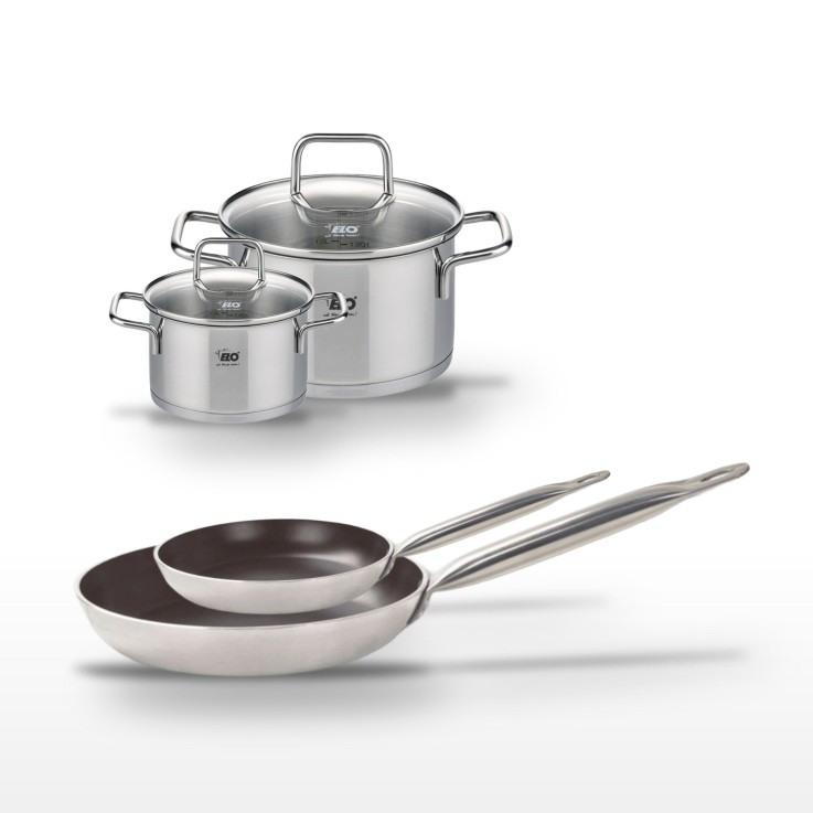 Lot Poêles 24cm & 32cm avec revêtement céramique sans PFAS et Faitouts 14cm & 20cm Elo Bistro Line Citrin