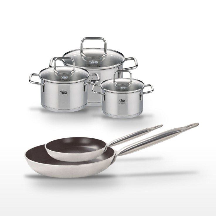 Lot 2 Poêles 24/32 cm avec revêtement céramique sans PFAS et 3 Faitouts 14/16/20 cm Elo Bistro Line Citrin