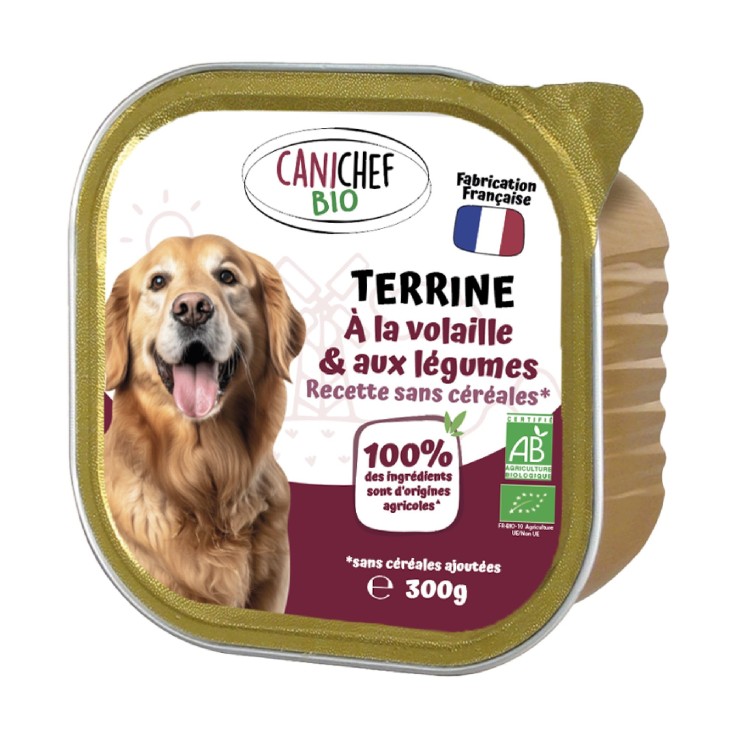 Canichef - Terrines Sans Céréales Bio Volaille & Légumes pour Chien 300g