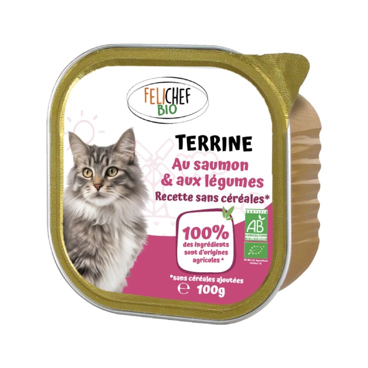 Felichef - Terrines Sans Céréales Bio Saumon & Légumes pour Chat 100g