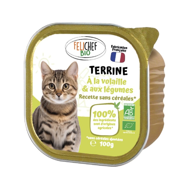Felichef - Terrines Sans Céréales Bio Volaille & Légumes pour Chat 100g