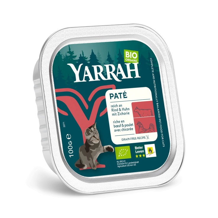 Yarrah - Pâtées Bio Sans Céréales Bœuf & Poulet pour Chat 100g