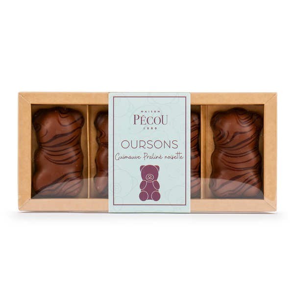 Etui de 4 oursons guimauve au chocolat Praliné Noisette - Etui de 100g