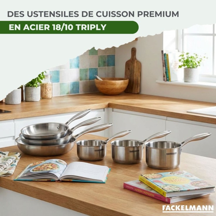 4 poêles à Frire 20 24 26 et 28 cm, Casseroles 14 et 18 cm inox 18/10 Triply Fackelmann Vita3