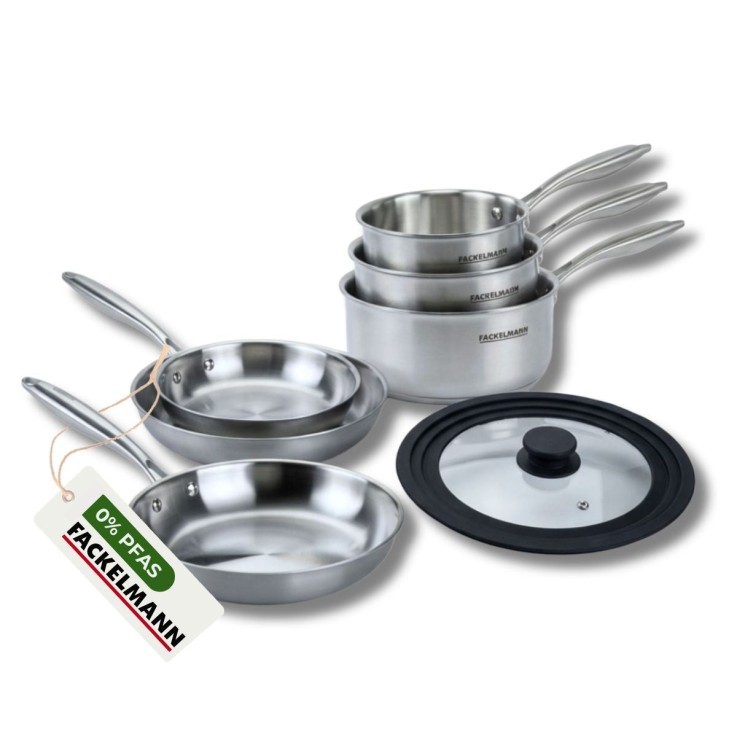 3 poêles à Frire 20 24 et 28 cm, Casseroles 14 et 18 cm inox 18/10 Triply et couvercle Fackelmann Vita3