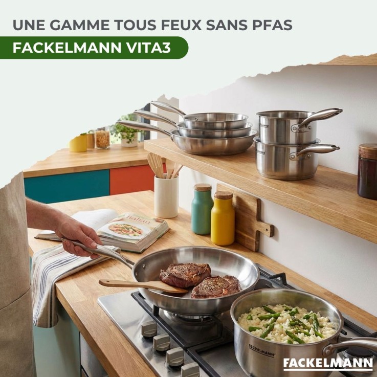 3 poêles à Frire 20 24 et 28 cm, Casseroles 14 et 18 cm inox 18/10 Triply et couvercle Fackelmann Vita3
