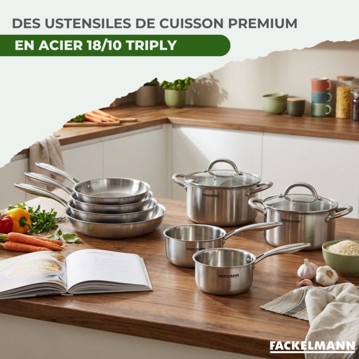 3 poêles à Frire 24 26 et 28 cm, Casseroles 14 et 18 cm, Faitouts 20 24 cm inox 18/10 Triply, Couvercle Fackelmann Vita3
