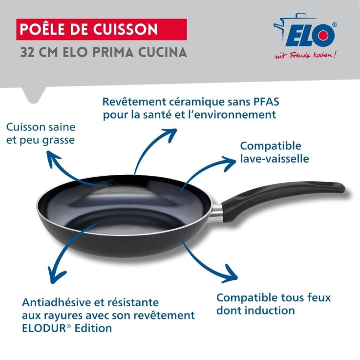 Set Poêle 32 cm céramique sans PFAS et couvercle Elo Prima Cucina