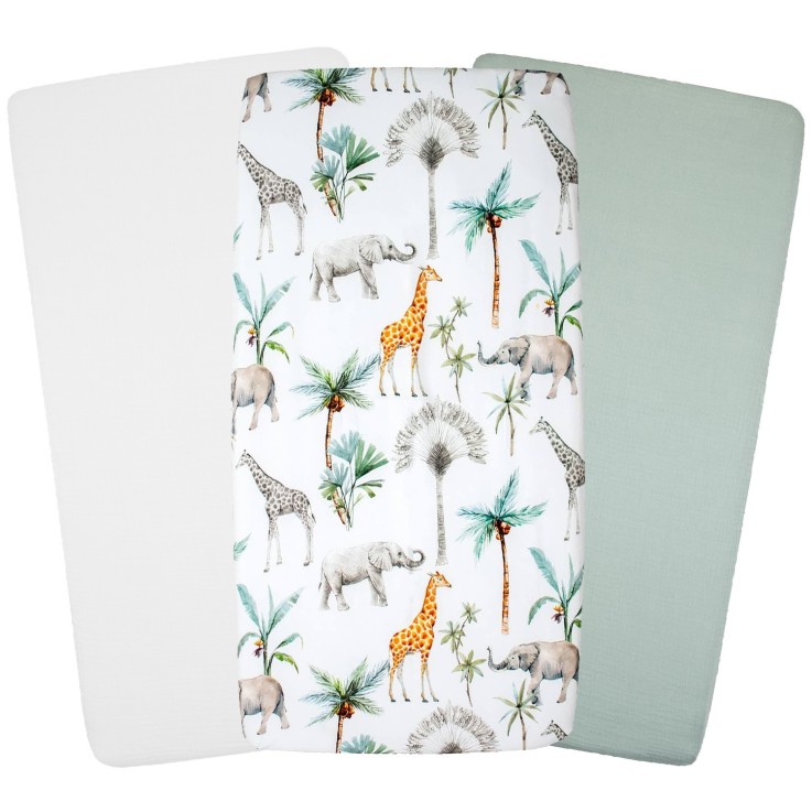 Lot de 3 draps housse berceau en coton, Safari
