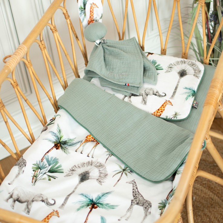 Set couverture et coussin pour berceau et couffin en coton, Safari