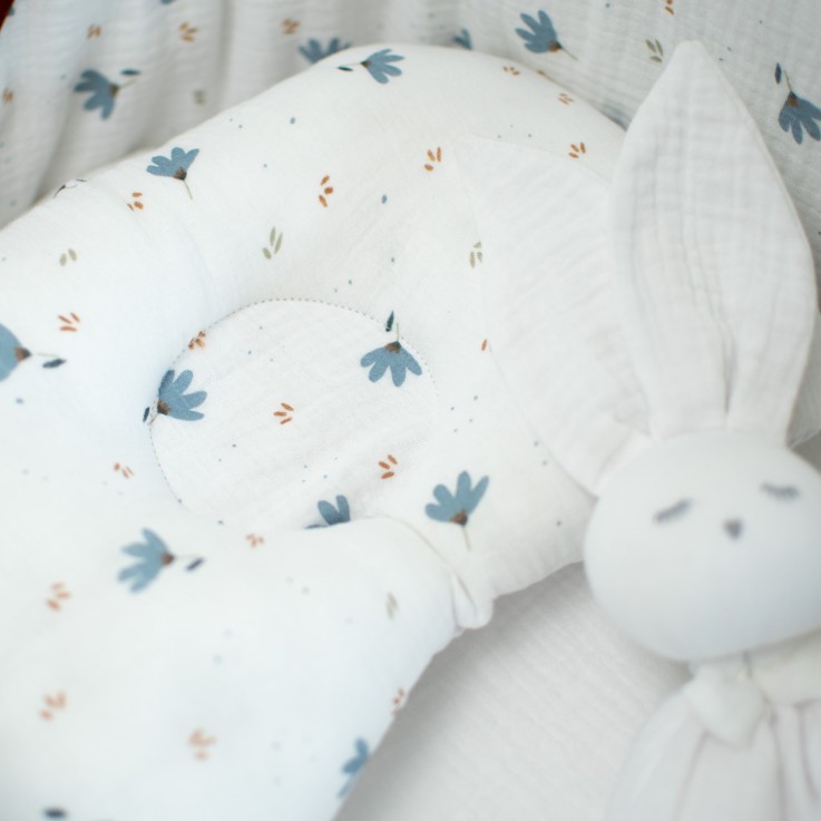Coussin cale-tête ergonomique en gaze de coton, Bleuet