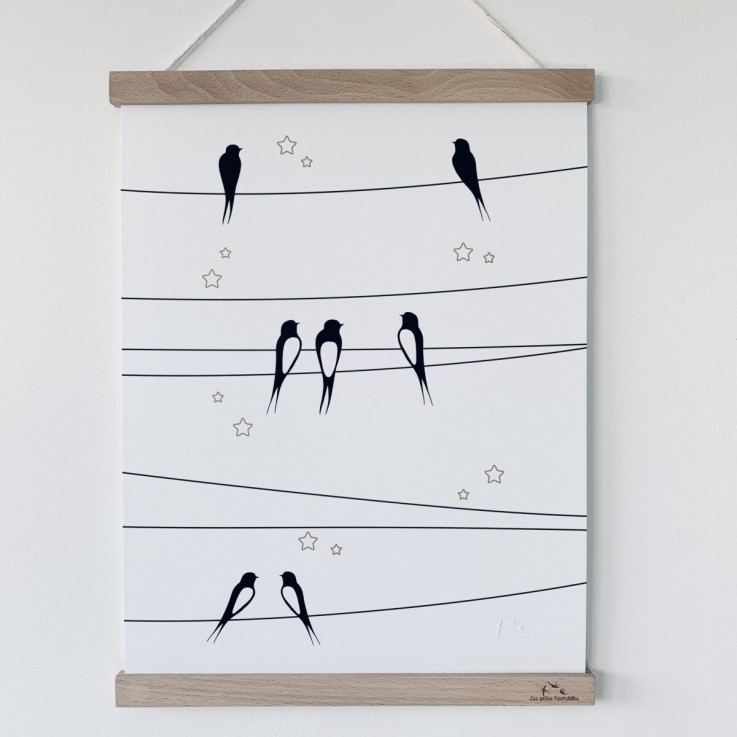 Affiche 30x40 cm - Les hirondelles sur le fil ciel blanc