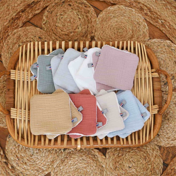 Lot de 8 lingettes lavables, bambou et gaze de coton, Jeanne