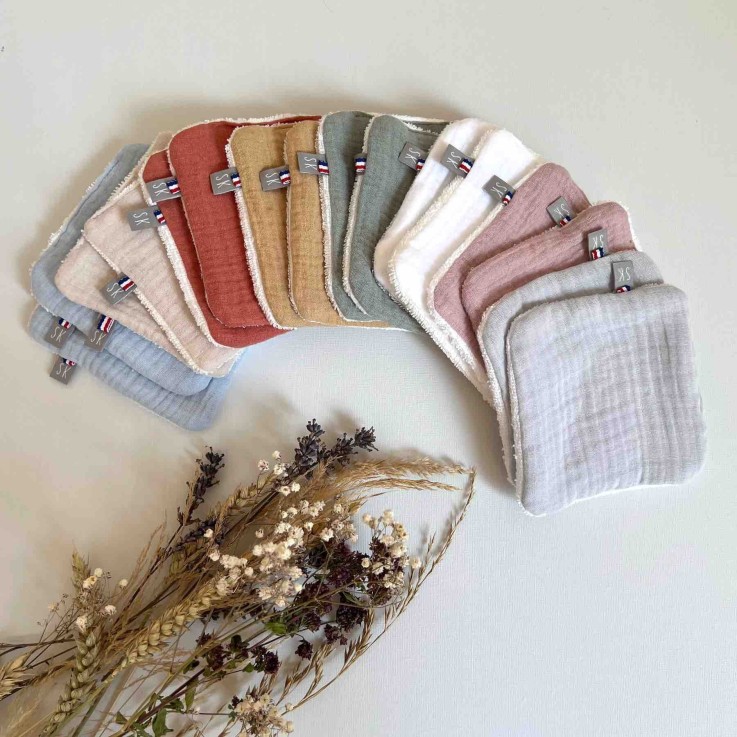 Lot de 8 lingettes lavables, bambou et gaze de coton, Jeanne