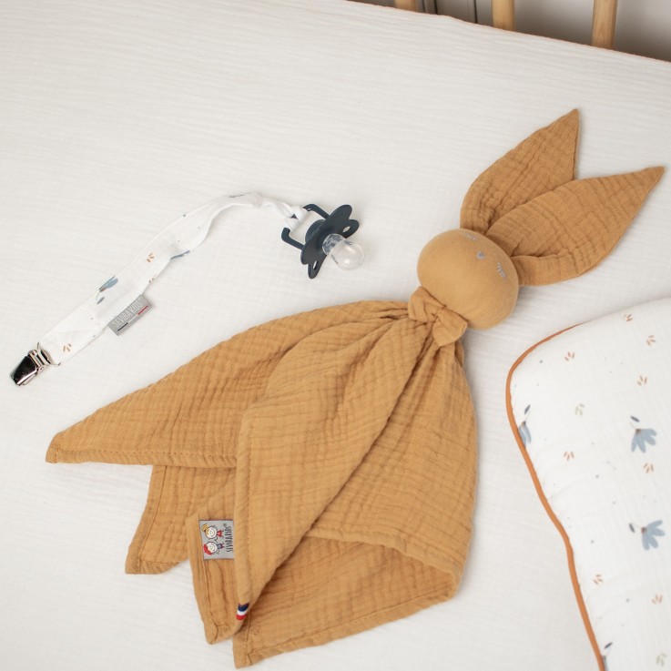 Attache tétine  en gaze de coton, Bleuet